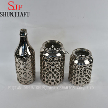 Urban Trends Ceramic Lantern with Silver Metal Handle Craquelure