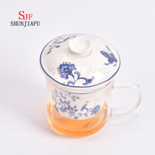 Office and Home Flower Tea Cup, Ceramic Filter and Borosilicate Glass Cup Combine, Glass Tea Cups with Lid