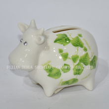 Ceramic Small Cow with Green Decals Piggy Bank