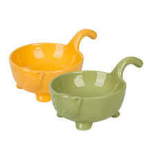 with embossed cat head with long tail and four foot pet cat bowl Yellow blue green ceramic pet feeder