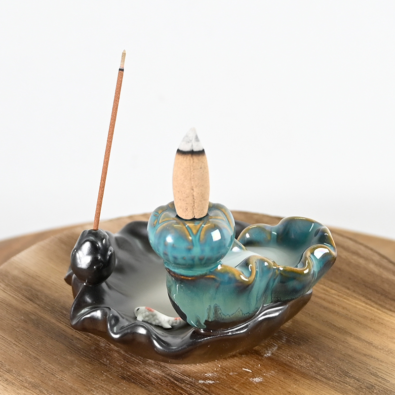 Ceramic Waterfall Backflow Incense Burner Green Lotus Style Design Two Goldfish Playing