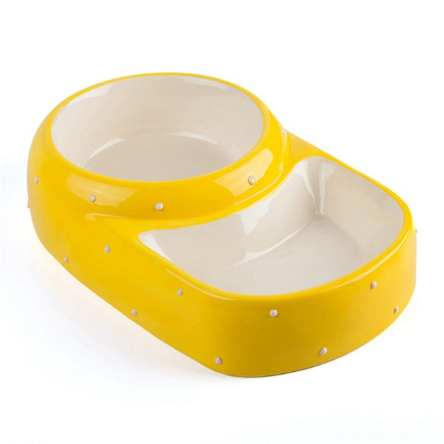 Archie Exclusive Use Double bowl high and low style yellow Ceramic Pet Feeder Ceramic Dog Bowl