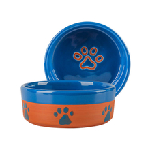 with Dog Footprints Printing Circular Printed Bone at The Bowl Bottom Ceramic Dog Feed Blue And Orangeceramic Pet Feeder Pink Ceramic Dog Bowl