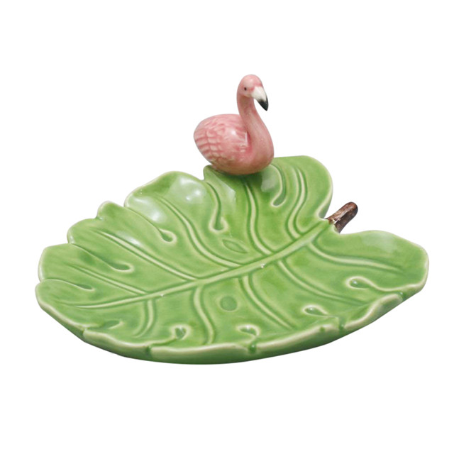 Ceramic Coconut Leaves with Pink Flamingo Plate