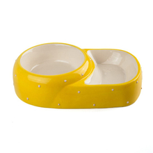 Archie Exclusive Use Double bowl high and low style yellow Ceramic Pet Feeder Ceramic Dog Bowl