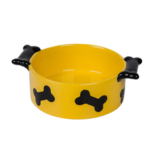 Printed Black Bone with Ceramic Handle Ceramic Pet Feeder Yellow Ceramic Dog Bowl