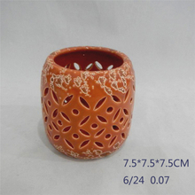 Home Furnishing Decoration Orange red Ceramic Cylinder Strip Shape Style Hollowing Out Hurricane Ceramic Lantern