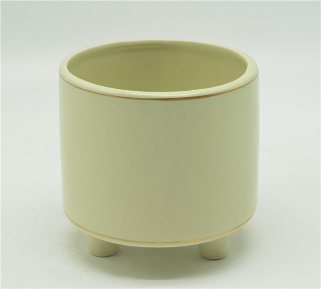 Light Yellow Table Top Flowerpot with Three Legs Three Feet Brace White Ceramic Flower Pot