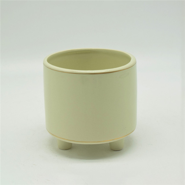 Light Yellow Table Top Flowerpot with Three Legs Three Feet Brace White Ceramic Flower Pot