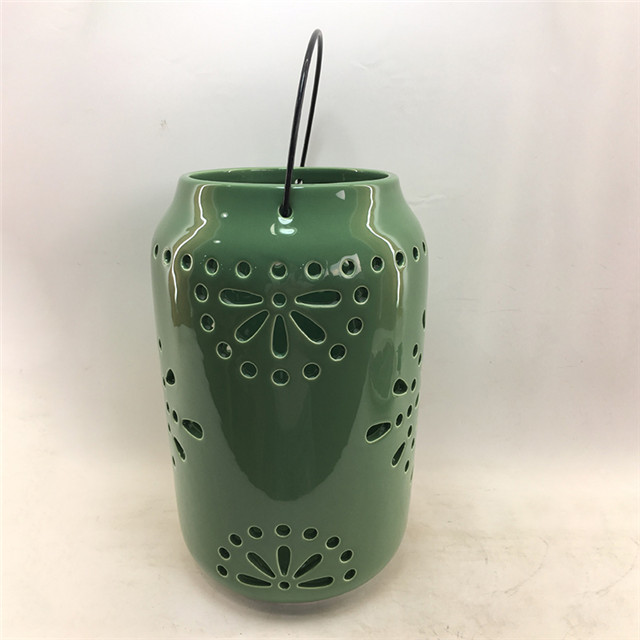 Home Furnishing Decorationgreen Ceramic Cylinder Strip Shape Style Hollowing Out Hurricane Ceramic Lantern